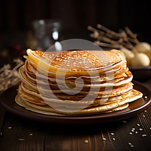 Savor the detail close up of delicate thin pancakes on wood