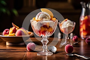 Savor the elegance of Peach Melba, tastefully served on a wooden table.