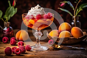 Savor the elegance of Peach Melba, tastefully served on a wooden table.