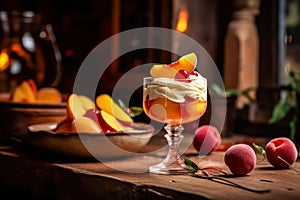 Savor the elegance of Peach Melba, tastefully served on a wooden table.