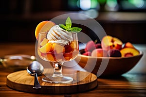 Savor the elegance of Peach Melba, tastefully served on a wooden table.