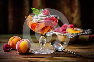 Savor the elegance of Peach Melba, tastefully served on a wooden table.