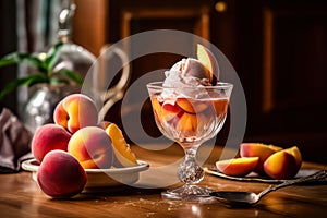 Savor the elegance of Peach Melba, tastefully served on a wooden table.