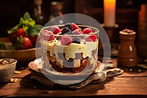 Savor the essence of Cranachan, tastefully presented on a wooden table.