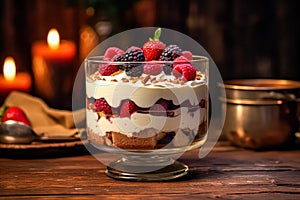 Savor the essence of Cranachan, tastefully presented on a wooden table.