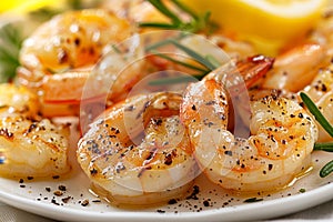 Savor the exquisite flavors of grilled shrimp beautifully arranged on a pristine white plate photo