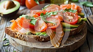 Savor the flavor salmon, tomato, and avocado sandwich on a charming wooden table setting photo