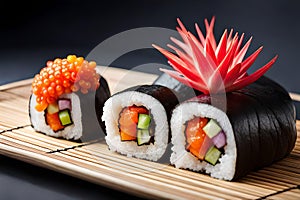 Savor the Flavors: Detailed Close-Up of Freshly Made Sushi Roll in Gourmet Food Photography with Generative AI