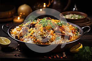 Savor gourmet chicken biryani paired with fragrant steamed basmati rice