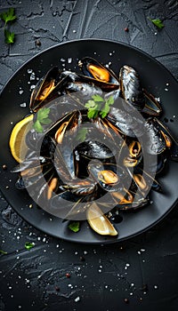 Savor grilled mediterranean mussels on elegant black plate for a delightful culinary experience