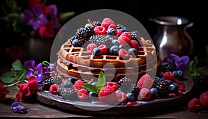 savor the irresistible delight of golden waffles topped with juicy, sumptuous berries