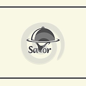 Savor Logo design. A hand holds a tray. A waiter serves food. Restaurant or gastronomy logo design.
