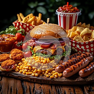 Savor the moment Assorted fast food items, burgers, sausages