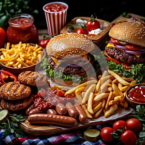 Savor the moment Assorted fast food items, burgers, sausages