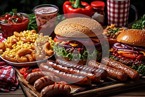 Savor the moment Assorted fast food items, burgers, sausages