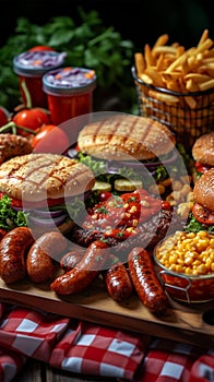 Savor the moment Assorted fast food items, burgers, sausages