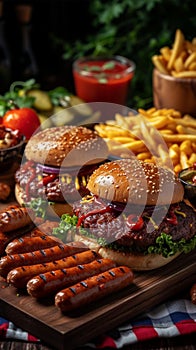 Savor the moment Assorted fast food items, burgers, sausages