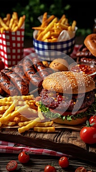 Savor the moment Assorted fast food items, burgers, sausages