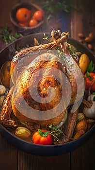 Savor the moment Roast turkey in an old pan surrounded by vegetables