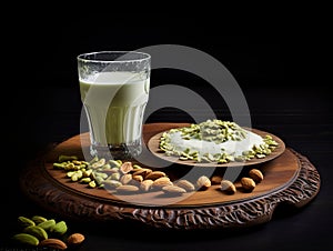 Decadent Pistachio-Infused Milk on a Rustic Wooden Plate - An Exotic Twist to Your Regular Milk!