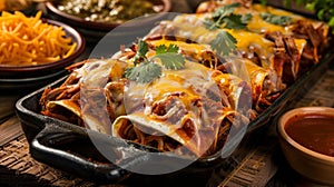 Savor pulled pork enchiladas smothered in chipotle sauce and cheddar, Ai Generated
