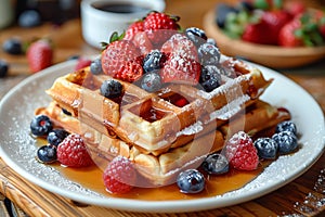Savor the richness of syrup-drenched waffles paired with strawberries and blueberries for brunch