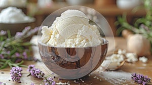 frozen dessert delight, savor a scoop of yummy cottage cheese ice cream in a charming wooden bowl a refreshing frozen photo