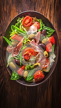 Savor the season Vibrant summer salad featuring olives, tomatoes, and prosciutto