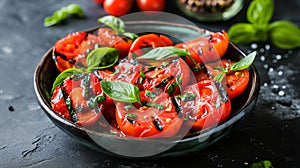 Savor the Succulence: Grilled Tomatoes and Basil Bowled Over on a Dark Canvas []