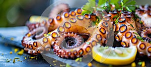 Savor succulent grilled octopus a taste of authentic mediterranean cuisine on a traditional platter photo