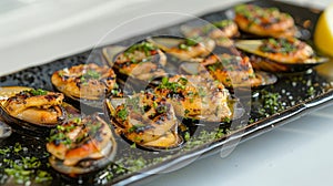 Savor the taste exquisite grilled mediterranean mussels elegantly presented on a sleek black plate