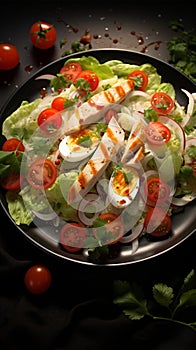 Savor the top view of a chicken salad with kitchen towel