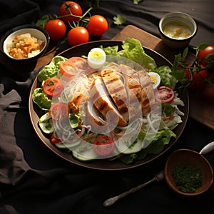 Savor the top view of a chicken salad with kitchen towel