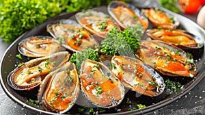 Savor traditional mediterranean delicacy grilled mussels on stylish black plate photo