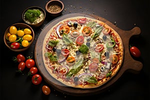 Savor the vibrant beauty of a top view vegetable topped pizza