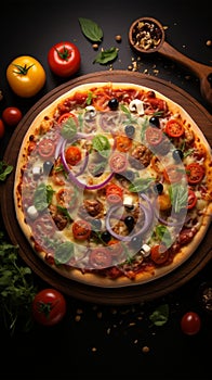 Savor the vibrant beauty of a top view vegetable topped pizza