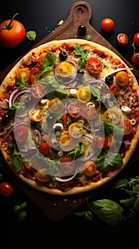 Savor the vibrant beauty of a top view vegetable topped pizza