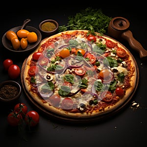 Savor the vibrant beauty of a top view vegetable topped pizza