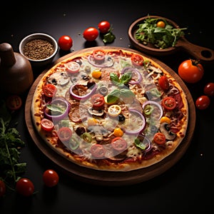 Savor the vibrant beauty of a top view vegetable topped pizza