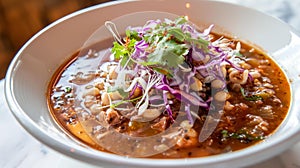 Savor white pozole with chicken, hominy in mild broth toppings, Ai Generated