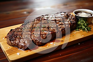 Savor-Worthy Beef Steak on Wooden Board, Bursting with Juices