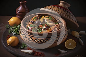 Savoring Moroccan Delights: A Tagine Dish with Chicken, Olives, and Lemon, ai generative