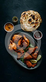 Savory Bangladeshi chicken tandoori and tikka served with garlic naan