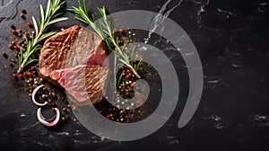 Savory Beef Steak With Rosemary On Black Marble photo