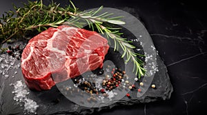 Savory Beef Steak With Spices On Dark Stone Background photo