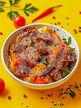 Savory Beef Stew with Carrots and Potatoes in White Bowl on Yellow Background, Garnished with Fresh Herbs and Spices