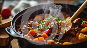 Savory beef stew in a cast iron skillet