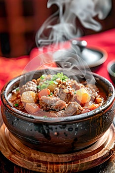 Savory Beef Stew in Traditional Clay Pot with Steam, Carrots, and Potatoes on Wooden Table
