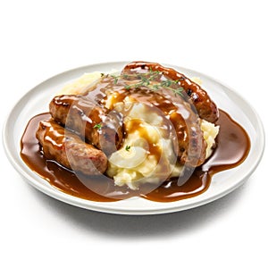 Savory British Bangers and Mash with Gravy on a Plate .