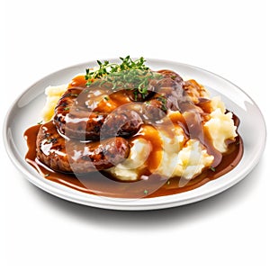 Savory British Bangers and Mash with Gravy on a Plate .